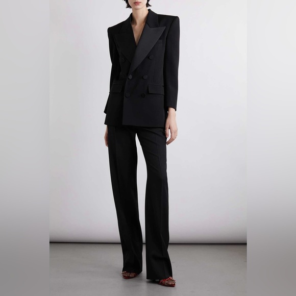 SAINT LAURENT YSL Double-Breasted Wool Satin Trim Blazer Jacket - Picture 2 of 5